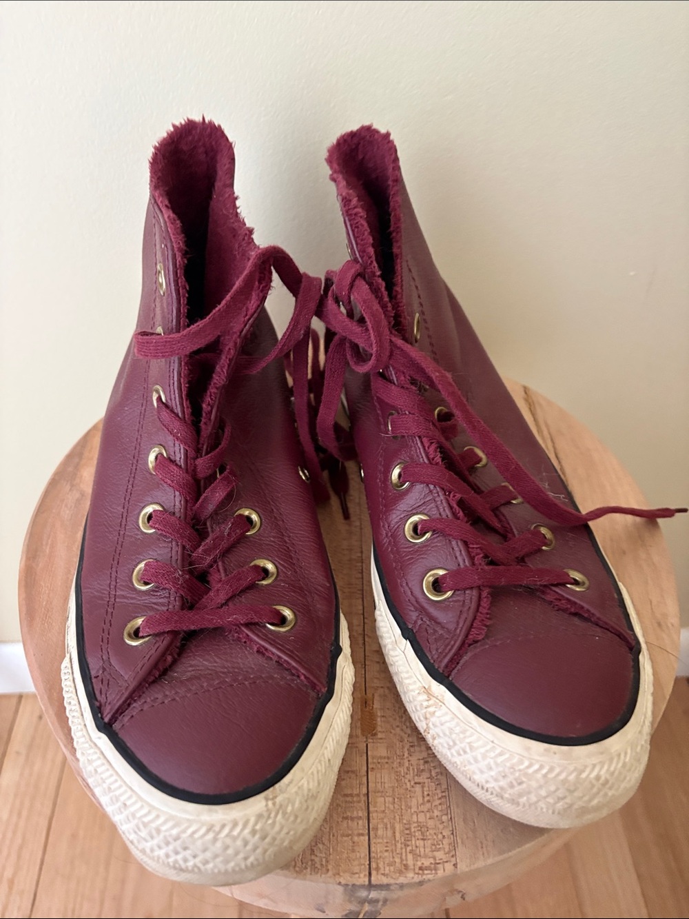 Converse Leather High-Top Lace-Up Sneakers in Burgundy